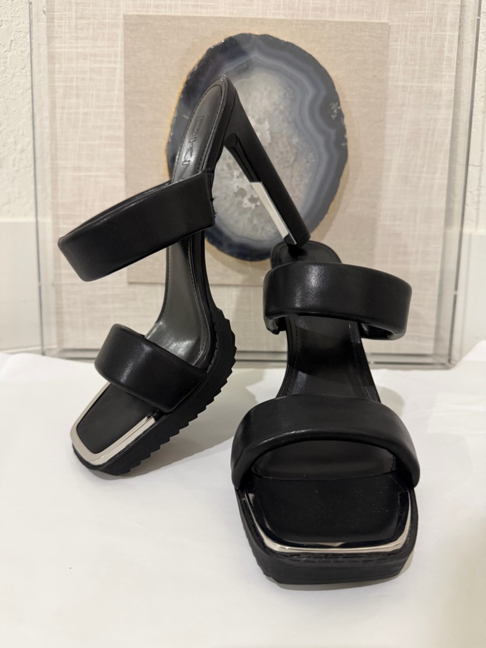 DKNY Ralia Black Leather Double Padded Strap Heels, Square Toe, Size 9.5